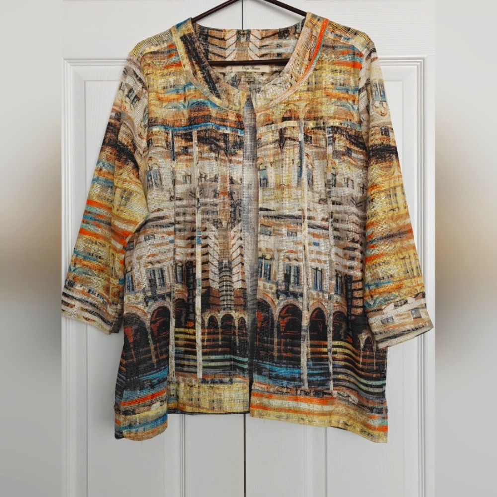 Onque Woman Multicolor Abstract Print Cardigan, Size 1X